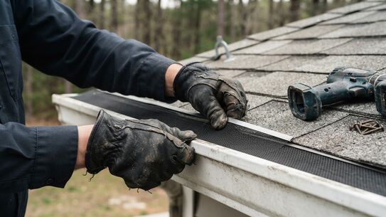 Gloved hands clipping a length of mesh gutter guard into a gutter