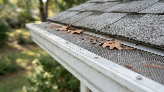 Fine mesh gutter guard fitted along a white gutter, with fallen leaves resting on top