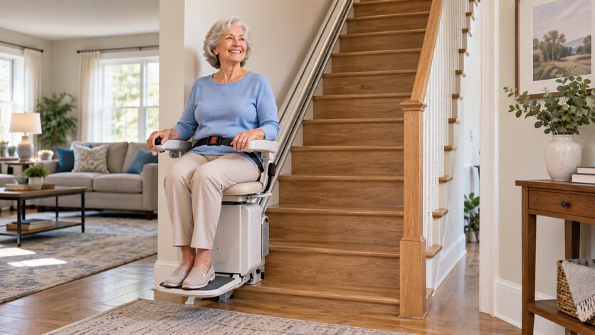 Older woman safely using a stairlift in a bright modern home